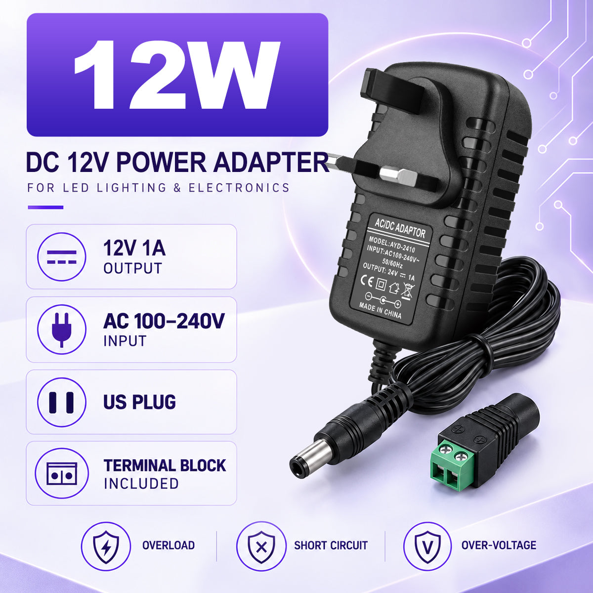 12V Wall Plug LED Adapter 12W/24W, AC 100–240V Input Black Wall Plug LED Adapter with UK Plug - for LED Strip Lights, CCTV and Electronics