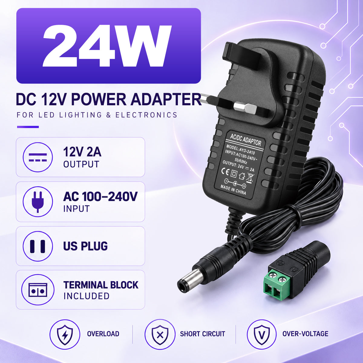 12V Wall Plug LED Adapter 12W/24W, AC 100–240V Input Black Wall Plug LED Adapter with UK Plug - for LED Strip Lights, CCTV and Electronics