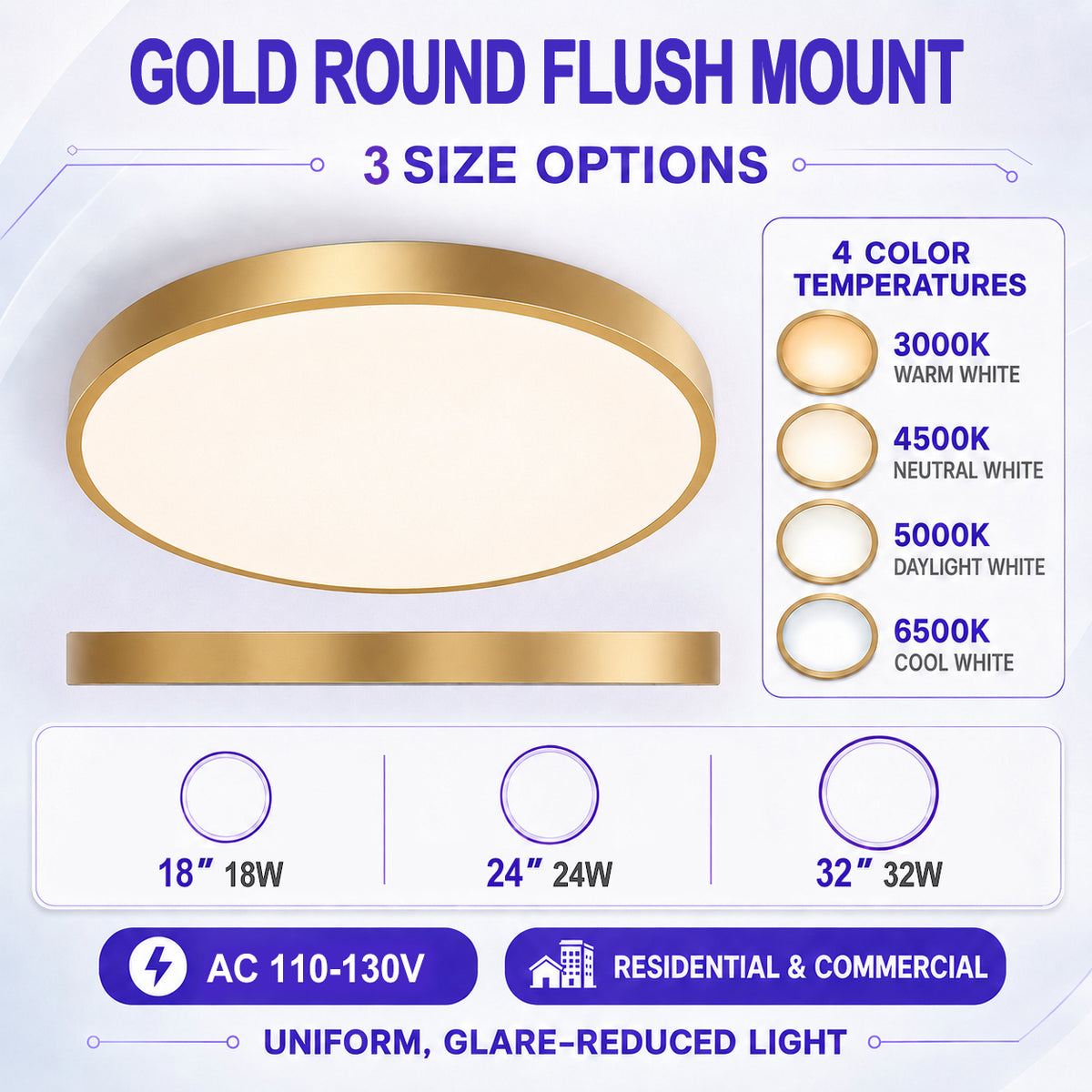 AC 110–130V Gold Round Flush Mount LED Ceiling Lights – 18 / 24 / 32 Inch – 3000K / 4500K / 5000K / 6500K – for Residential & Commercial Lighting – Local Stock (US)
