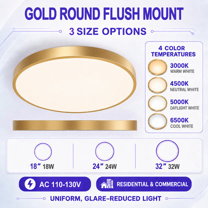 AC 110–130V Gold Round Flush Mount LED Ceiling Lights – 18 / 24 / 32 Inch – 3000K / 4500K / 5000K / 6500K – for Residential & Commercial Lighting – Local Stock (US)