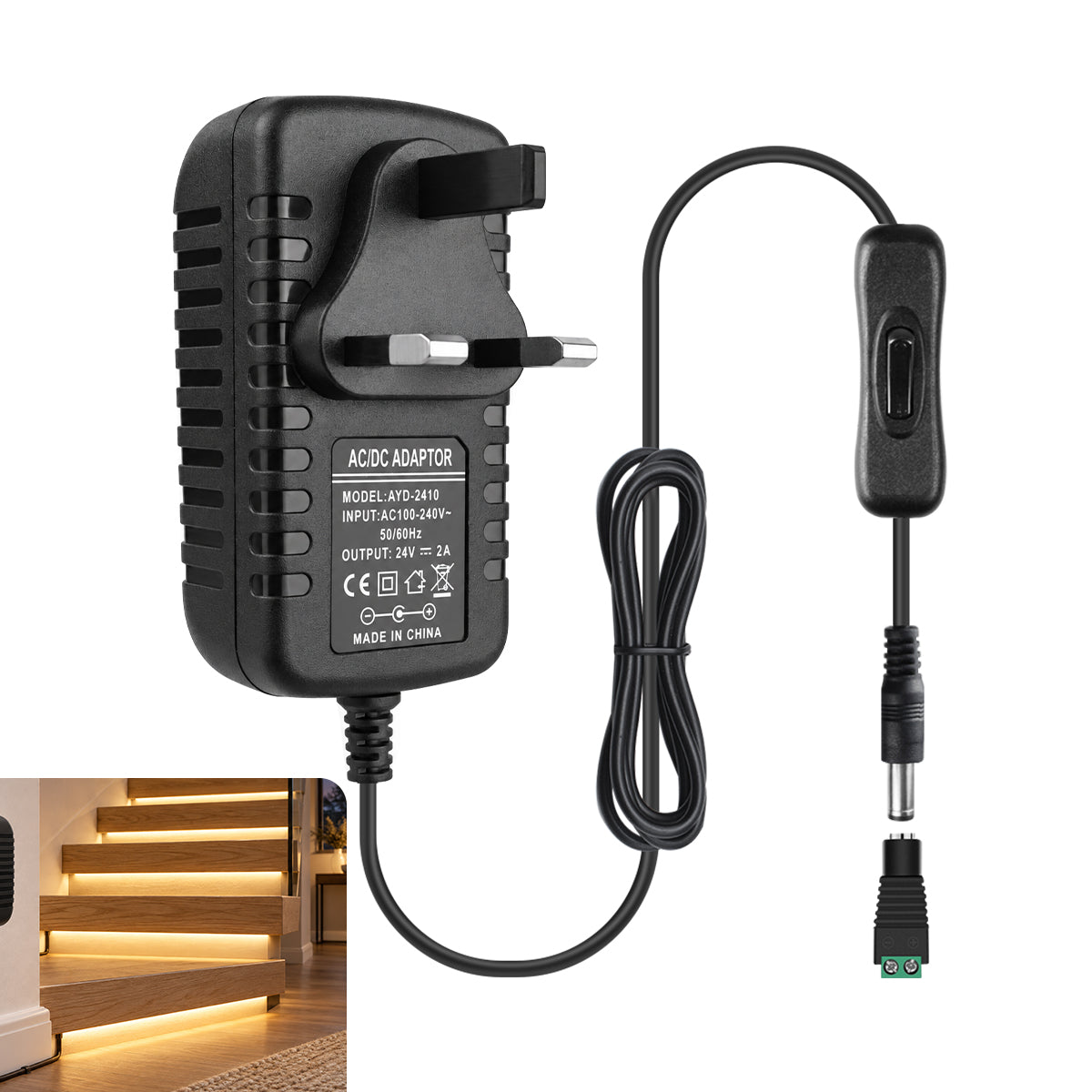 12V Wall Plug LED Adapter 12W/24W, AC 100–240V Input Black Wall Plug LED Adapter with UK Plug - for LED Strip Lights, CCTV and Electronics