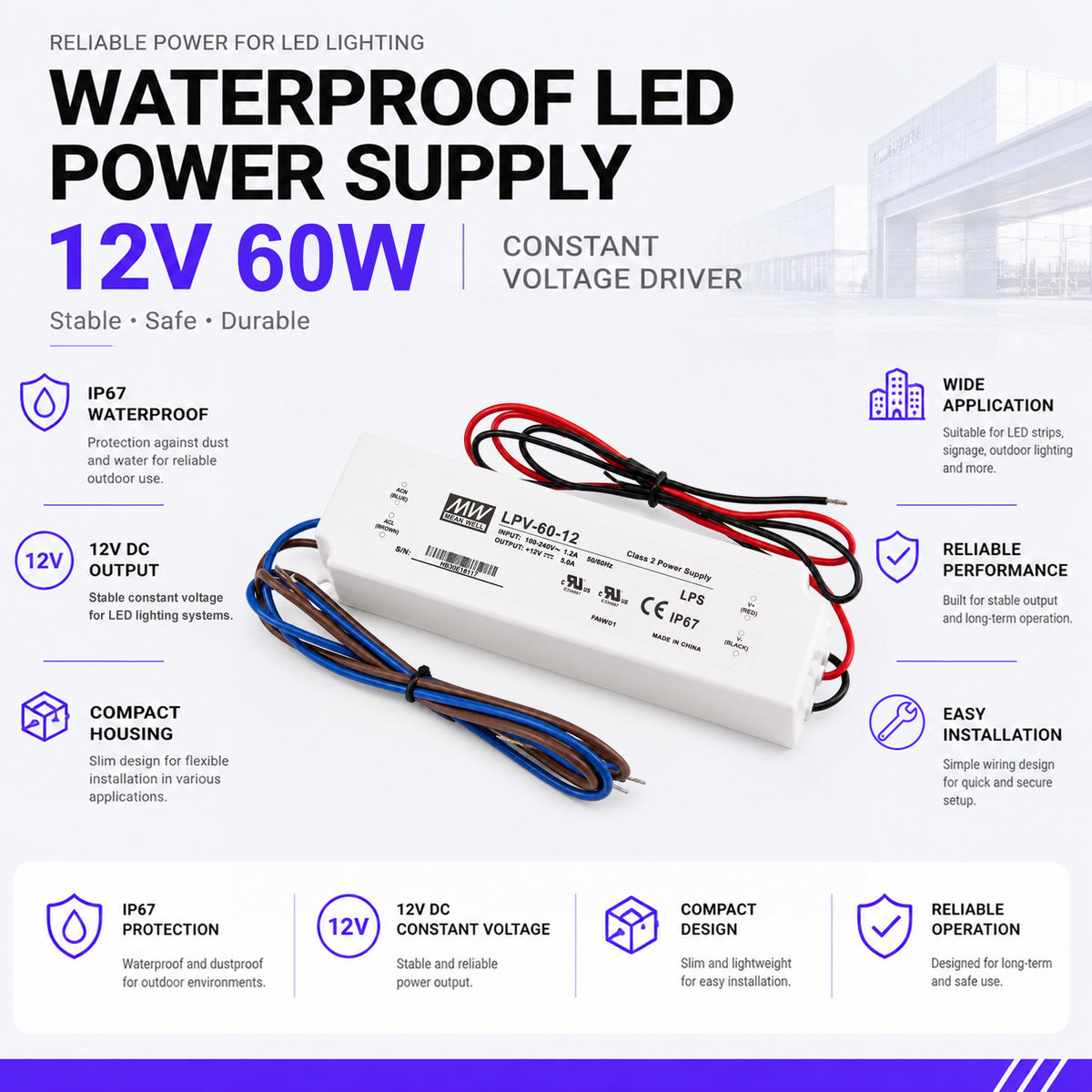 MEANWELL LPV Series 12V IP67 Waterproof Switching Power Supply, 35W–150W, AC90-264V Input, UL/CE Certified, Plastic Housing, Outdoor Lighting Projects, 1-Pack / 10-Pack