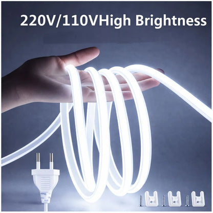 AC110V / 220V COB Flexible LED Strip Light - US / EU Plug | Inline Power Switch | 3000K / 6500K | IP65 Waterproof | Spotless High Brightness | for Cabinets, Kitchen & Office Lighting | 50/500M
