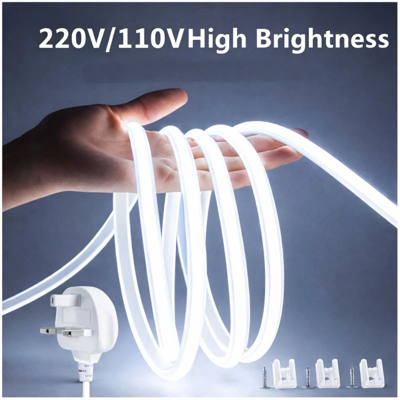 AC110V / 220V COB Flexible LED Strip Light - US / EU Plug | Inline Power Switch | 3000K / 6500K | IP65 Waterproof | Spotless High Brightness | for Cabinets, Kitchen & Office Lighting | 50/500M