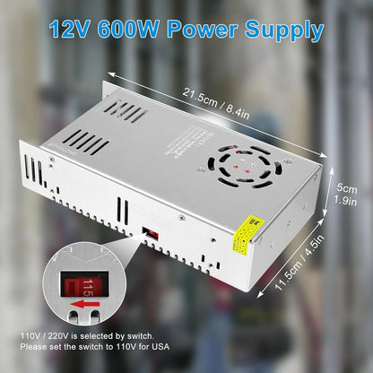 DC 12V/24V 350W–600W Industrial Switching Power Supplies, AC 110/220V Input, High Power LED Driver Transformer, Cooling Fan Metal Case, CE/FCC/RoHS Certified