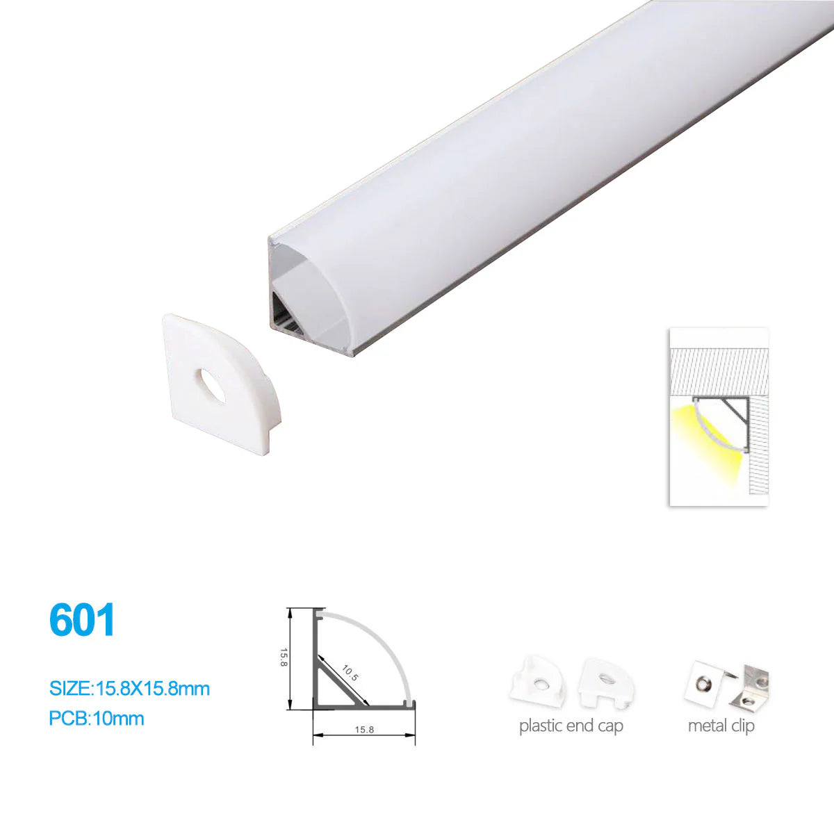 15.8 × 15.8mm Mini V Shape LED Aluminum Profiles Kit 601-B – 10mm Inner Width | Silver | Milky White Cover | With Installation Accessories | LED Mounting Track – 1m / 2m / 3m | 50 / 100-Pack