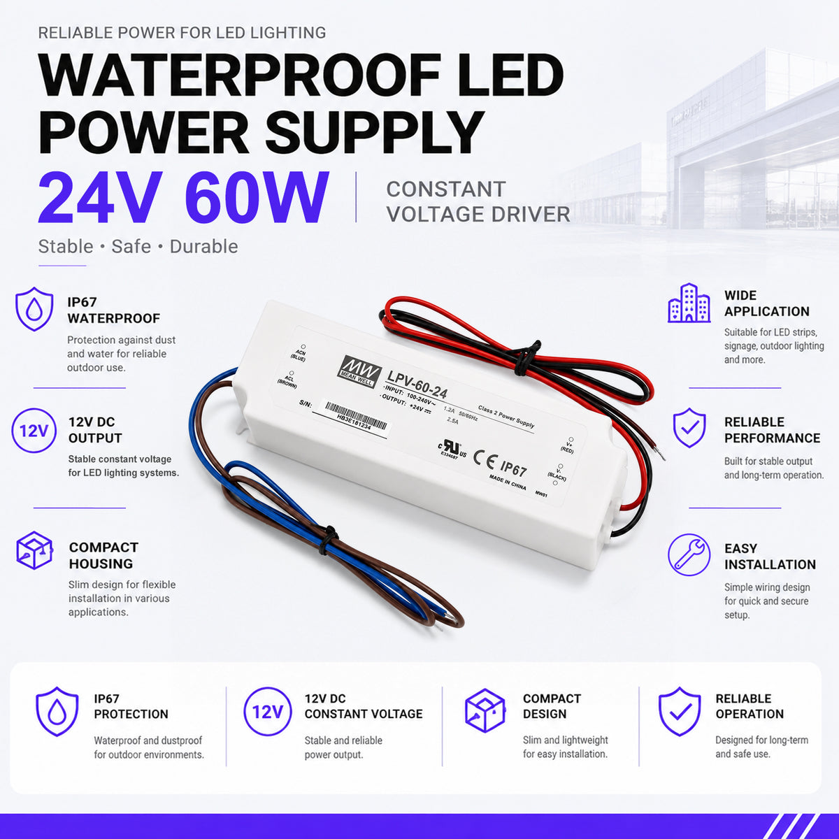 MEANWELL LPV Series 24V IP67 Waterproof Switching Power Supply, 35W–150W, AC90-264V Input, UL/CE Certified, Plastic Housing, Outdoor Lighting Projects, 1-Pack / 10-Pack