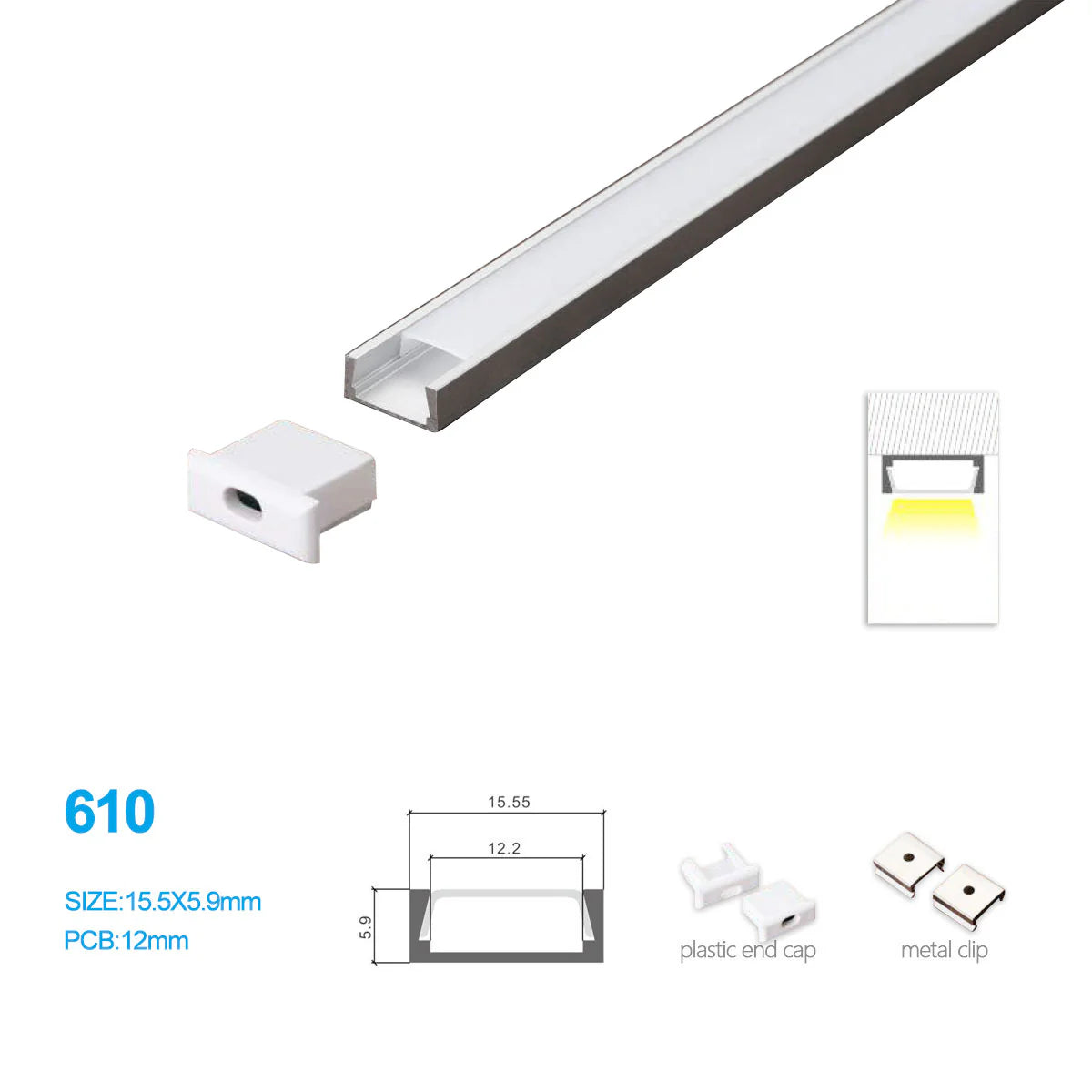 15.5 × 5.9mm LED Aluminum Profiles Kit 610-B – 12mm Inner Width | Silver | Milky White Cover | With Installation Accessories | LED Mounting Track – 1m / 2m / 3m | 50 / 100-Pack