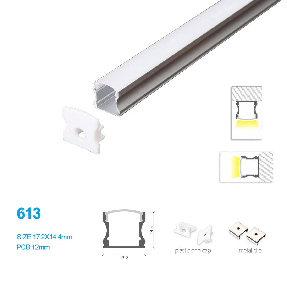 17.2 × 14.4mm Mini Square Trimless Surface Mounting LED Aluminum Profiles Kit 613-B – 10mm Inner Width | Silver | Milky White Cover | With Installation Accessories | LED Mounting Track – 1m / 2m / 3m | 50 / 100-Pack