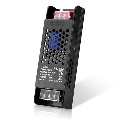 DC 12V/24V 36W–200W Slim Black Industrial Switching Power Supplies, AC 110–250V Input, Narrow Type LED Driver Transformer, Compact Metal Housing, CE/FCC/RoHS Certified
