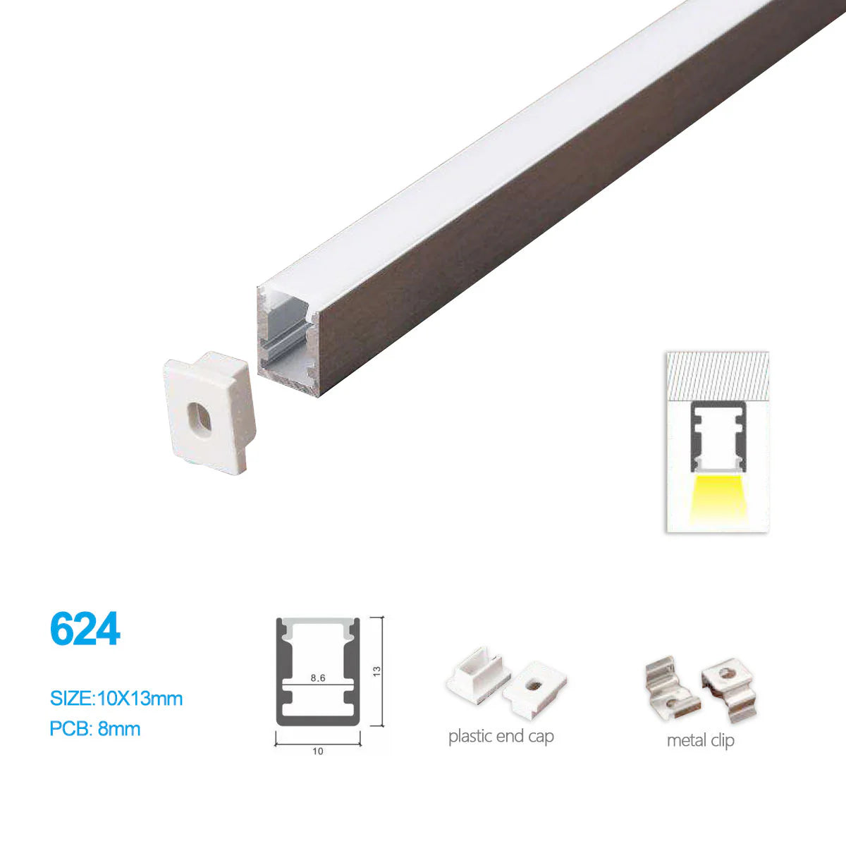 10 × 13mm Mini Square Trimless Surface LED Aluminum Profiles Kit 624-B – 8mm Inner Width | Silver | Milky White Cover | With Installation Accessories | LED Mounting Track – 1m / 2m / 3m | 50 / 100-Pack