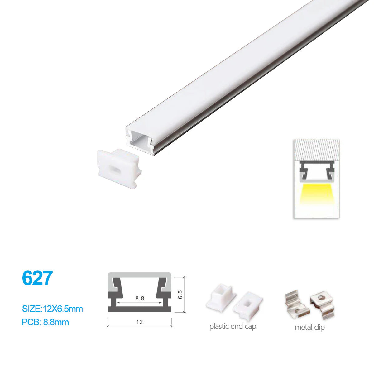 12 × 6.5mm LED Aluminum Profiles Kit 627-B – 8.8mm Inner Width | Silver | Milky White Cover | With Installation Accessories | LED Mounting Track – 1m / 2m / 3m | 50 / 100-Pack