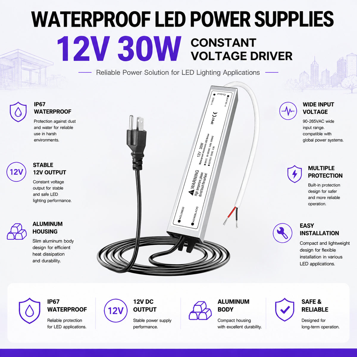30W Outdoor Waterproof Power Supplies, 12V/24V Output, 90-265V Input, Single Output, Aluminum Housing, Outdoor Lighting Projects, CE/RoHS/FCC Certified, US/UK/EU Plug, 1-Pack / 10-Pack
