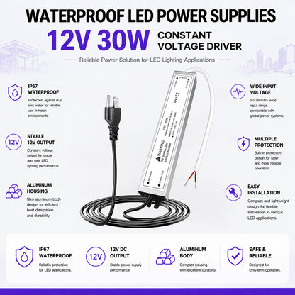 30W Outdoor Waterproof Power Supplies, 12V/24V Output, 90-265V Input, Single Output, Aluminum Housing, Outdoor Lighting Projects, CE/RoHS/FCC Certified, US/UK/EU Plug, 1-Pack / 10-Pack