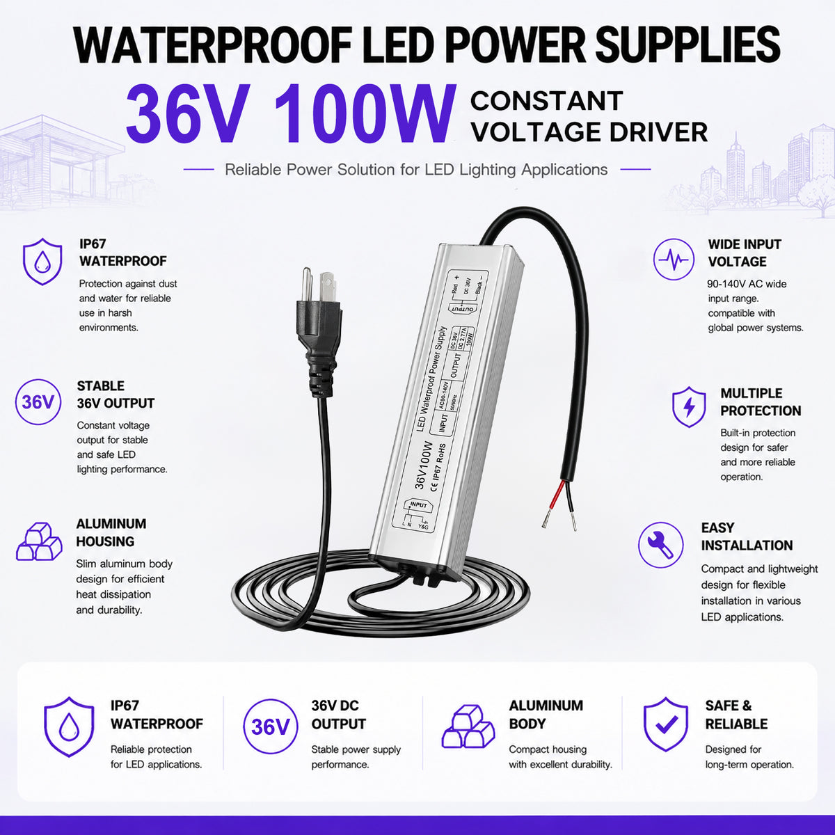 100W Outdoor Waterproof Power Supplies, 12V/24V/36V/48V Output, 90-265V / 90-140V / 175-265V Input, Single Output, Aluminum Housing, Outdoor Lighting Projects, CE/RoHS/FCC Certified, US/UK/EU Plug, 1-Pack / 10-Pack