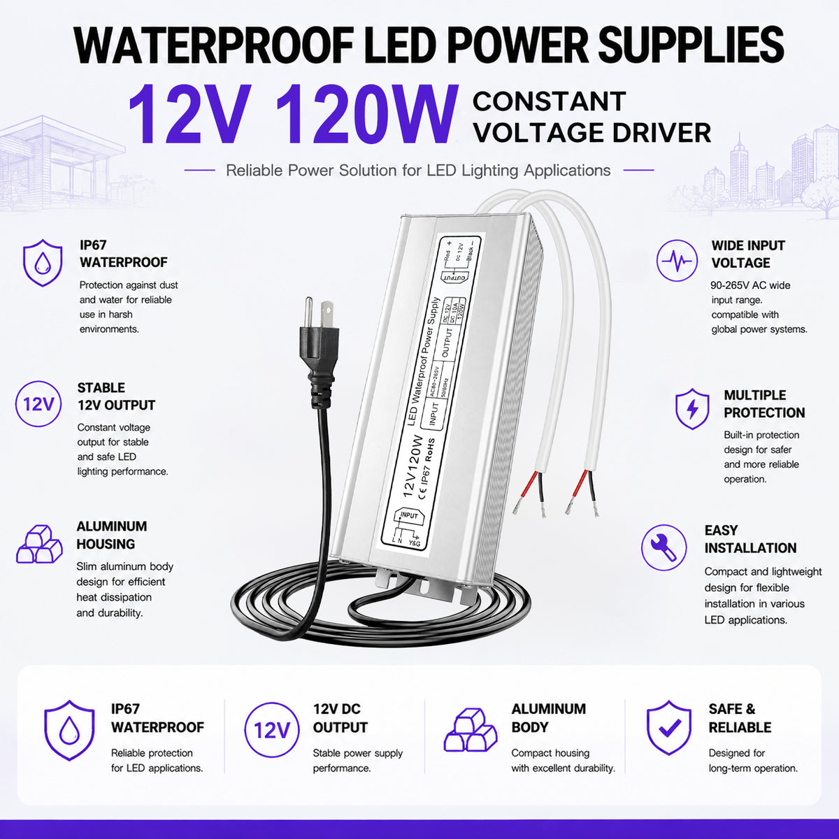 120W Outdoor Waterproof Power Supplies, 12V/24V Output, 90-265V Input, Dual Output, Aluminum Housing, Outdoor Lighting Projects, CE/RoHS/FCC Certified, US/UK/EU Plug, 1-Pack / 10-Pack