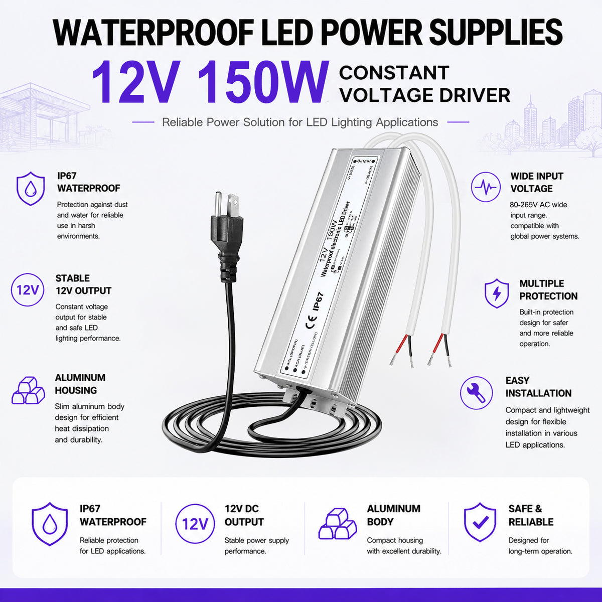 150W Outdoor Waterproof Power Supplies, 12V/24V Output, 90-265V Input, Dual Output, Aluminum Housing, Outdoor Lighting Projects, CE/RoHS/FCC Certified, US/UK/EU Plug, 1-Pack / 10-Pack