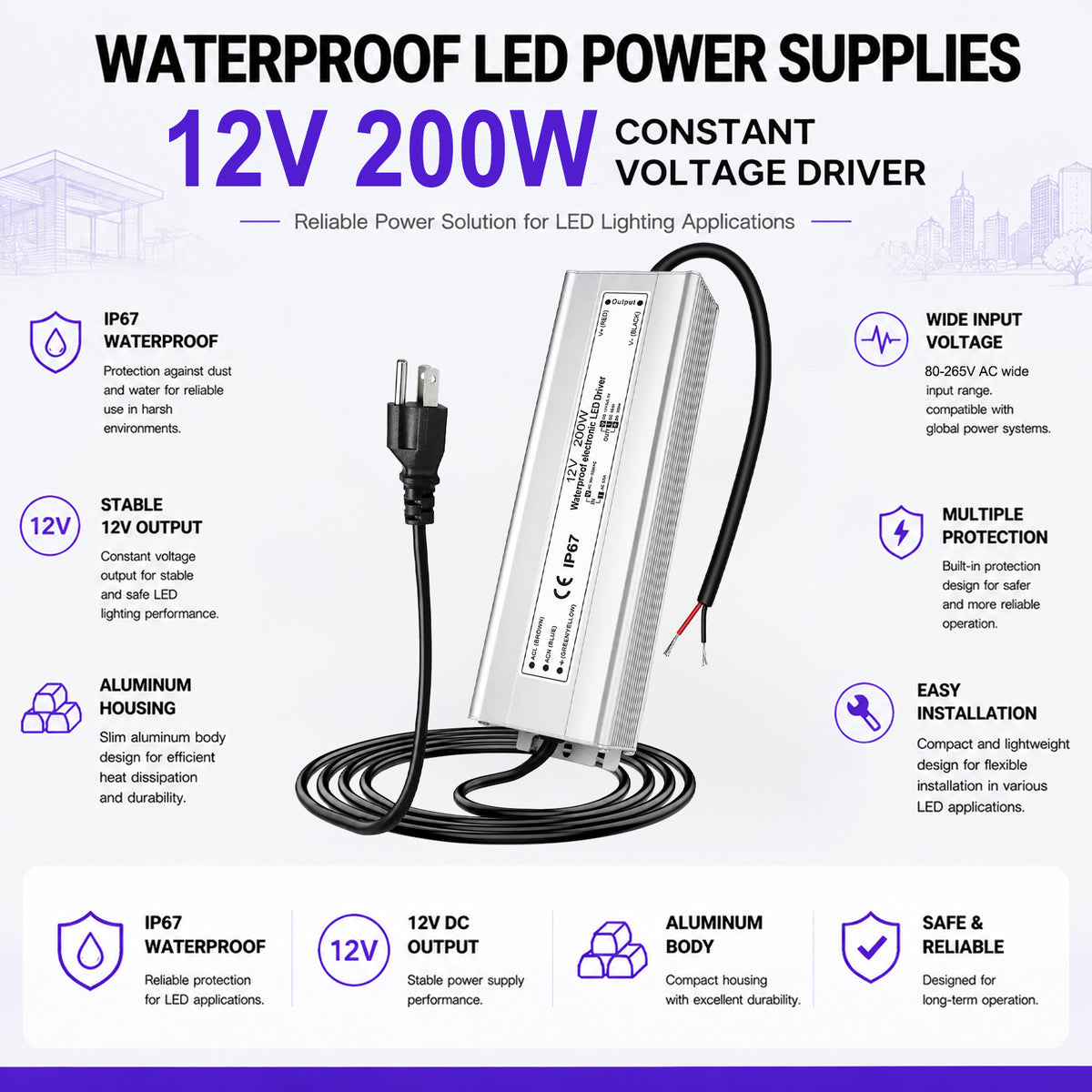 200W Outdoor Waterproof Power Supplies, 12V/24V/36V/48V Output, 90-140V / 175-265V Input, Single Output, Aluminum Housing, Outdoor Lighting Projects, CE/RoHS/FCC Certified, US/UK/EU Plug, 1-Pack / 10-Pack