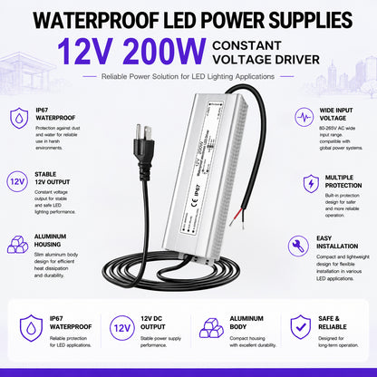 200W Outdoor Waterproof Power Supplies, 12V/24V/36V/48V Output, 90-140V / 175-265V Input, Single Output, Aluminum Housing, Outdoor Lighting Projects, CE/RoHS/FCC Certified, US/UK/EU Plug, 1-Pack / 10-Pack