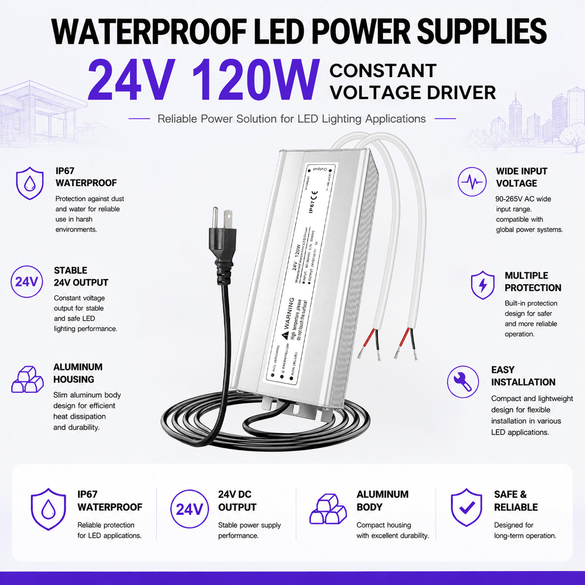 120W Outdoor Waterproof Power Supplies, 12V/24V Output, 90-265V Input, Dual Output, Aluminum Housing, Outdoor Lighting Projects, CE/RoHS/FCC Certified, US/UK/EU Plug, 1-Pack / 10-Pack