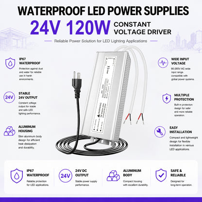 120W Outdoor Waterproof Power Supplies, 12V/24V Output, 90-265V Input, Dual Output, Aluminum Housing, Outdoor Lighting Projects, CE/RoHS/FCC Certified, US/UK/EU Plug, 1-Pack / 10-Pack
