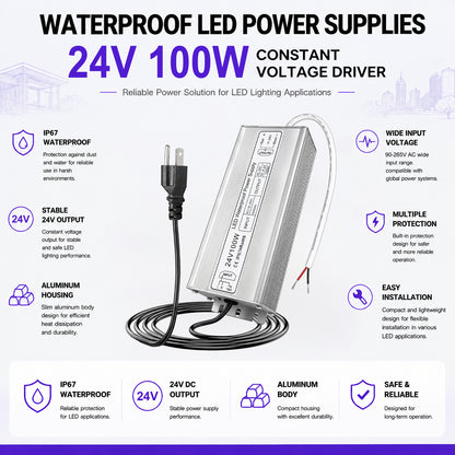 100W Outdoor Waterproof Power Supplies, 12V/24V/36V/48V Output, 90-265V / 90-140V / 175-265V Input, Single Output, Aluminum Housing, Outdoor Lighting Projects, CE/RoHS/FCC Certified, US/UK/EU Plug, 1-Pack / 10-Pack