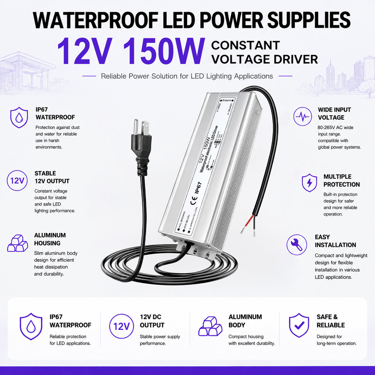 150W Outdoor Waterproof Power Supplies, 12V/24V/36V/48V Output, 90-265V / 90-140V / 175-265V Input, Single Output, Aluminum Housing, Outdoor Lighting Projects, CE/RoHS/FCC Certified, US/UK/EU Plug, 1-Pack / 10-Pack