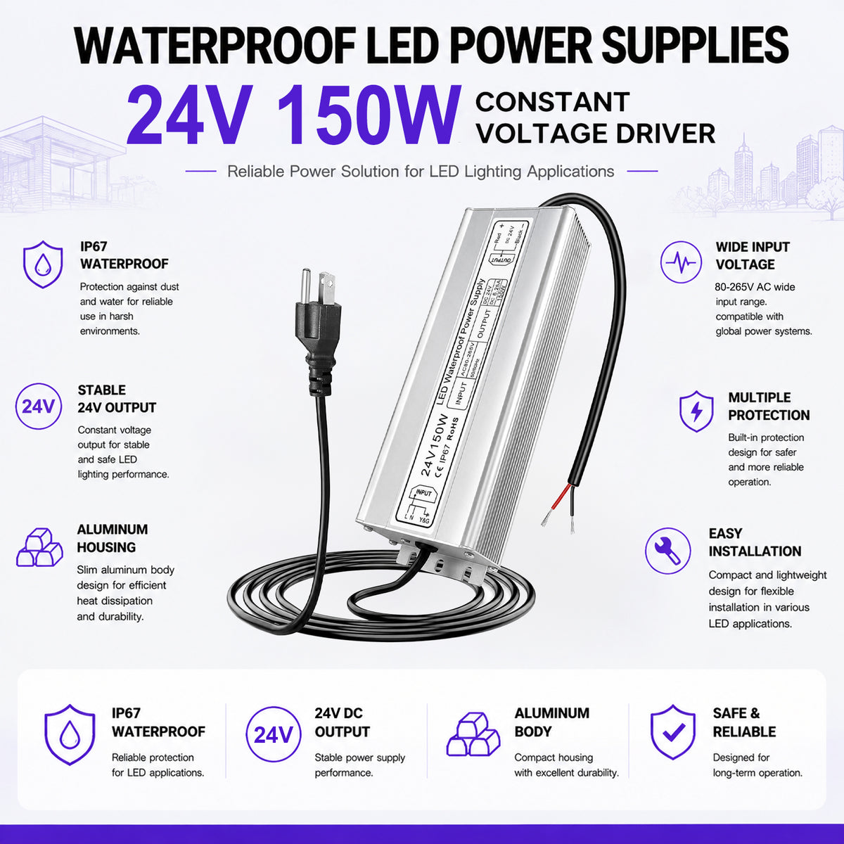 150W Outdoor Waterproof Power Supplies, 12V/24V/36V/48V Output, 90-265V / 90-140V / 175-265V Input, Single Output, Aluminum Housing, Outdoor Lighting Projects, CE/RoHS/FCC Certified, US/UK/EU Plug, 1-Pack / 10-Pack