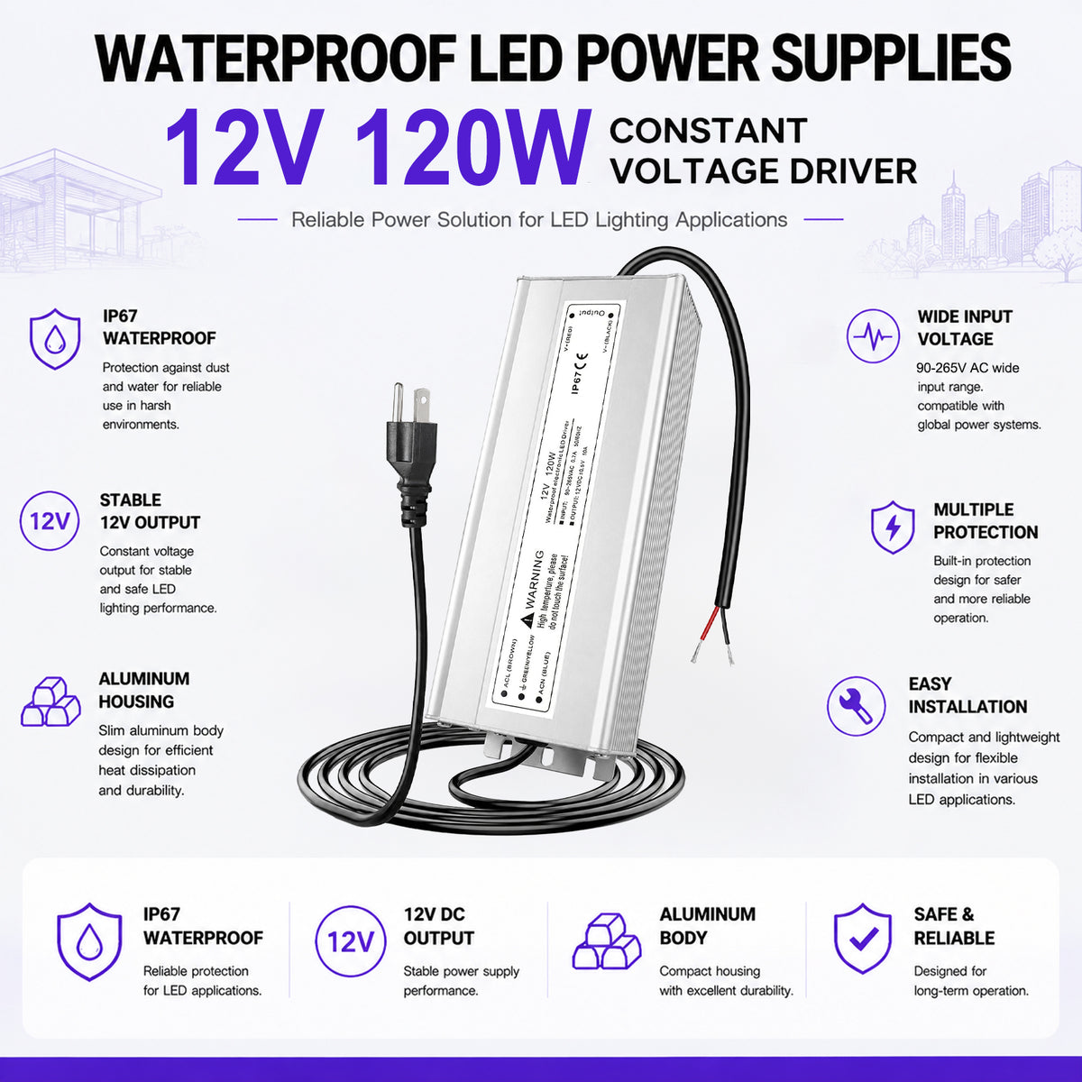 120W Outdoor Waterproof Power Supplies, 12V/24V/36V/48V Output, 90-265V / 90-140V / 175-265V Input, Single Output, Aluminum Housing, Outdoor Lighting Projects, CE/RoHS/FCC Certified, US/UK/EU Plug, 1-Pack / 10-Pack