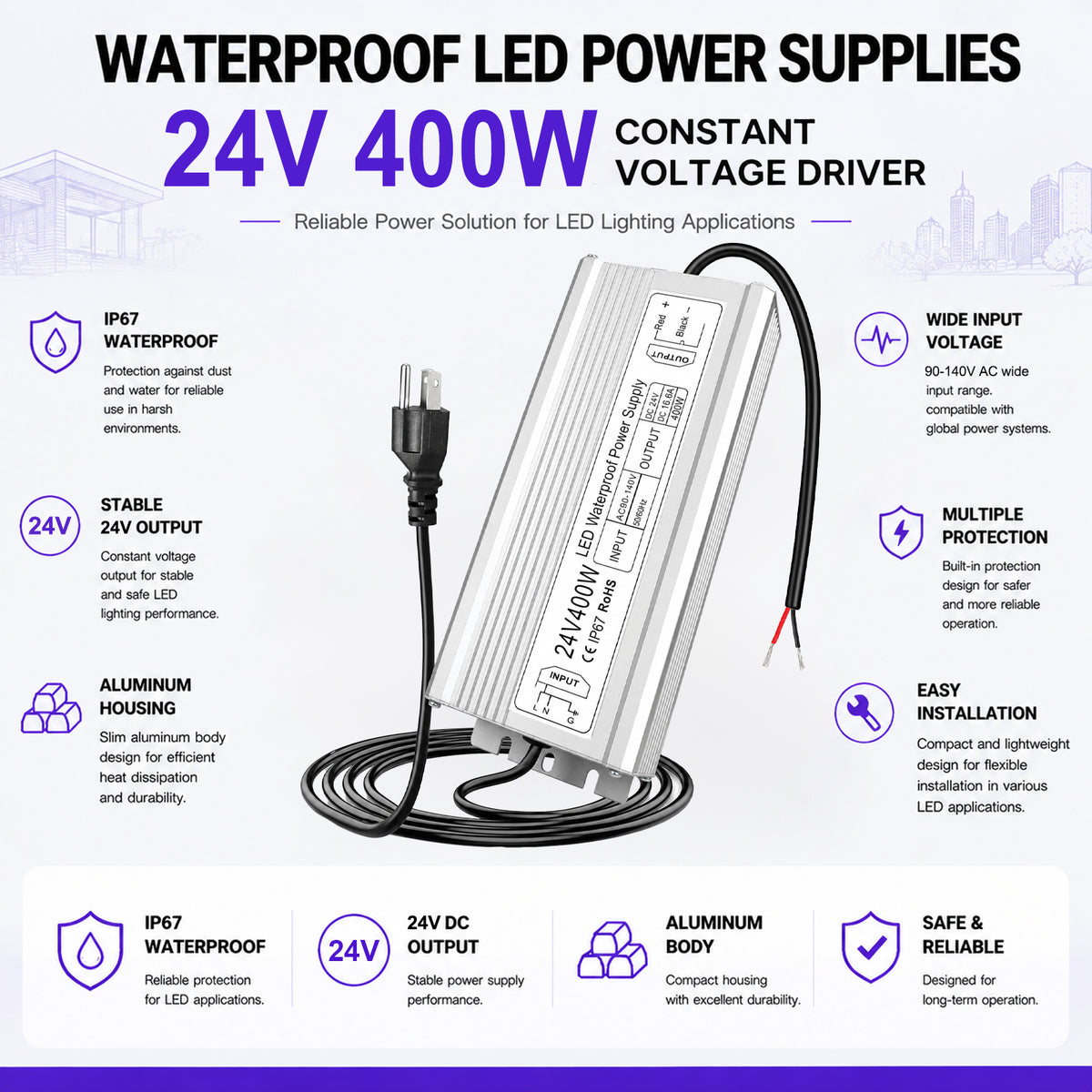 400W Outdoor Waterproof Power Supplies, 24V/36V/48V Output, 90-140V / 175-265V Input, Single Output, Aluminum Housing, Outdoor Lighting Projects, CE/RoHS/FCC Certified, US/UK/EU Plug, 1-Pack / 10-Pack