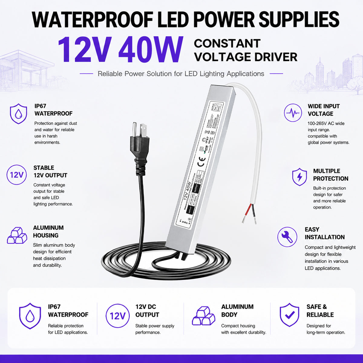 40W Outdoor Waterproof Power Supplies, 12V/24V Output, 90-265V Input, Single Output, Aluminum Housing, Outdoor Lighting Projects, CE/RoHS/FCC Certified, US/UK/EU Plug, 1-Pack / 10-Pack