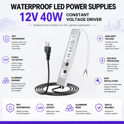 40W Outdoor Waterproof Power Supplies, 12V/24V Output, 90-265V Input, Single Output, Aluminum Housing, Outdoor Lighting Projects, CE/RoHS/FCC Certified, US/UK/EU Plug, 1-Pack / 10-Pack