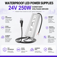 250W Outdoor Waterproof Power Supplies, 24V Output, 90-265V Input, Single Output, Aluminum Housing, Outdoor Lighting Projects, CE/RoHS/FCC Certified, US/UK/EU Plug, 1-Pack / 10-Pack