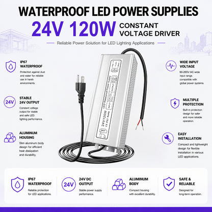 120W Outdoor Waterproof Power Supplies, 12V/24V/36V/48V Output, 90-265V / 90-140V / 175-265V Input, Single Output, Aluminum Housing, Outdoor Lighting Projects, CE/RoHS/FCC Certified, US/UK/EU Plug, 1-Pack / 10-Pack