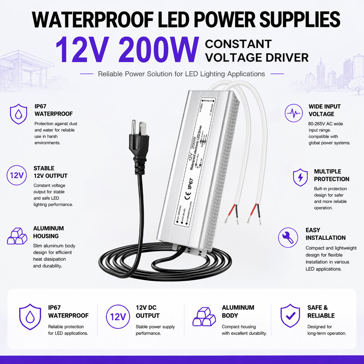 200W Outdoor Waterproof Power Supplies, 12V/24V Output, 90-140V / 175-265V Input, Dual Output, Aluminum Housing, Outdoor Lighting Projects, CE/RoHS/FCC Certified, US/UK/EU Plug, 1-Pack / 10-Pack