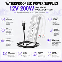200W Outdoor Waterproof Power Supplies, 12V/24V Output, 90-140V / 175-265V Input, Dual Output, Aluminum Housing, Outdoor Lighting Projects, CE/RoHS/FCC Certified, US/UK/EU Plug, 1-Pack / 10-Pack