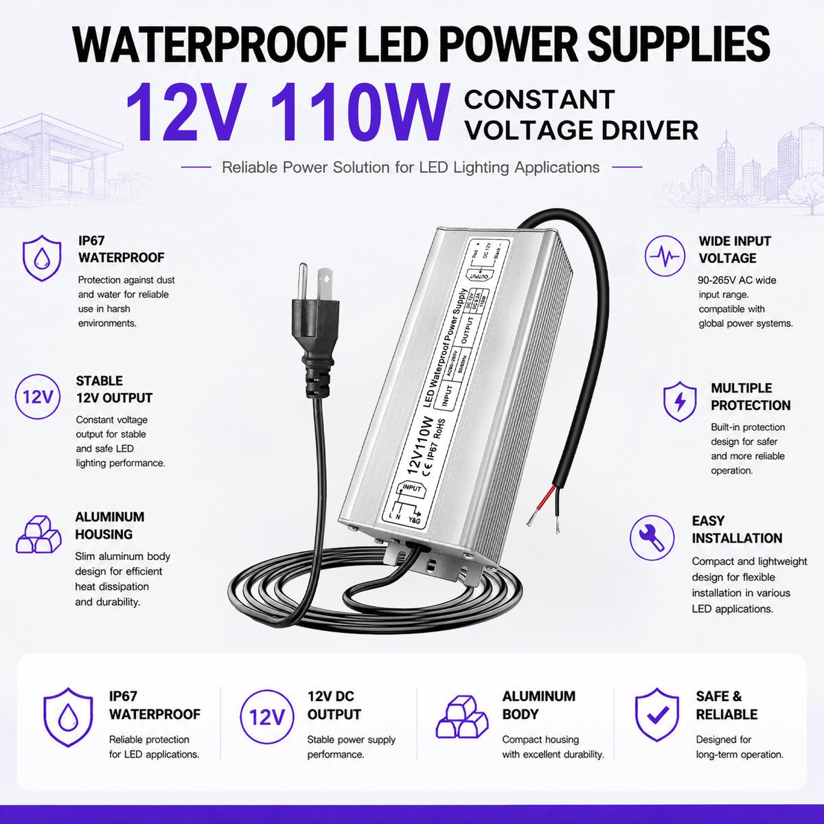 110W Outdoor Waterproof Power Supplies, 12V Output, 90-265V Input, Single Output, Aluminum Housing, Outdoor Lighting Projects, CE/RoHS/FCC Certified, US/UK/EU Plug, 1-Pack / 10-Pack