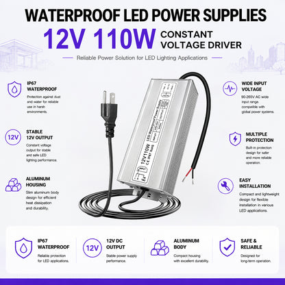 110W Outdoor Waterproof Power Supplies, 12V Output, 90-265V Input, Single Output, Aluminum Housing, Outdoor Lighting Projects, CE/RoHS/FCC Certified, US/UK/EU Plug, 1-Pack / 10-Pack