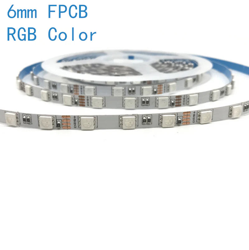 6MM Wide SMD5050 RGB LED Strip Light - DC12V | 6mm PCB | 60 LEDs/M | Non-Waterproof | for Mirror, Kitchen Cabinet, Bedroom | 50/500M