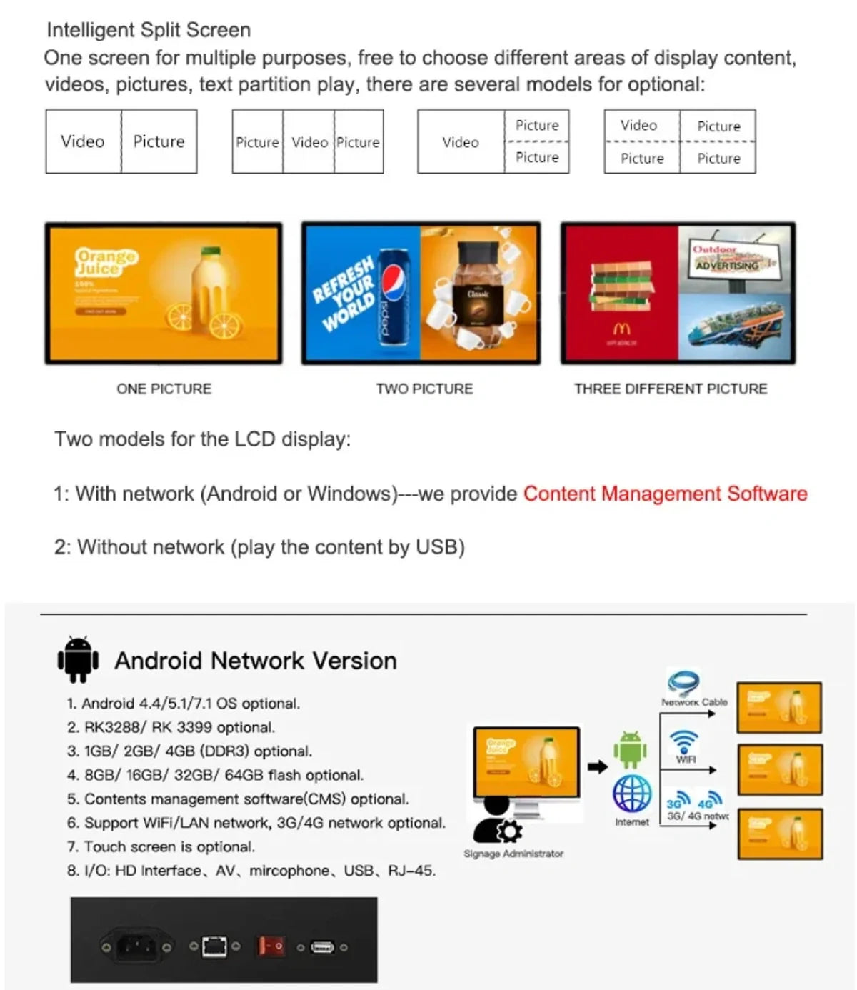 50" Indoor Wall-Mounted 2K Resolution LCD Advertising Player | Android RK3568 2GB+16GB | Non-Touch / Infrared / Capacitive Touch | CMS Software | VESA Mount