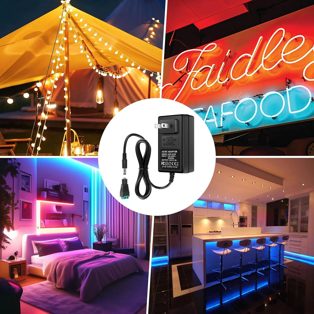 DC 24V Wall Plug LED Adapter 48W/72W, AC 100–240V Input Switching Wall Plug LED Adapter with US Plug, Black Housing - for LED Strip Lights and Electronics