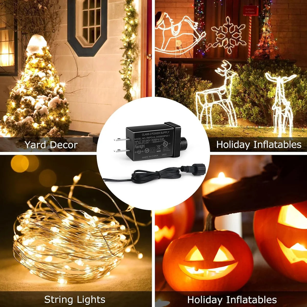 2.7W IP44 Class 2 Power Supply, AC 100–240V to DC 4.5V Adapter Transformer with US Plug - Waterproof Outdoor LED Power Supply for String Lights, Inflatable Decorations and Holiday Lighting