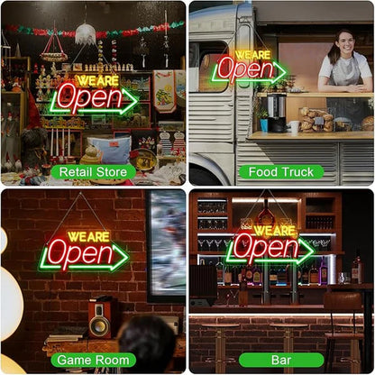 Bright Open Signs for Business, 16.1"X 7.8" Dimmable Open Sign Powered by USB, Red&Green&Yellow Christmas Neon LED Sign, We Are Open Sign for Door Windows