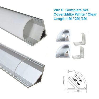 V Shape LED Channel - V02-A 12mm Silver / Black Aluminum Profile | Milky White Cover | Heavy-Duty LED Mounting Track – 1m / 2m / 3m | 50 / 100-Pack