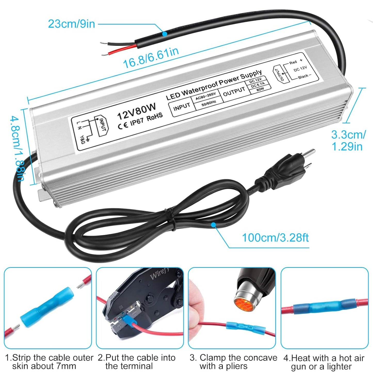 80W Outdoor Waterproof Power Supplies, 12V/24V/36V/48V Output, 90-265V Input, Single Output, Aluminum Housing, Outdoor Lighting Projects, CE/RoHS/FCC Certified, US/UK/EU Plug, 1-Pack / 10-Pack
