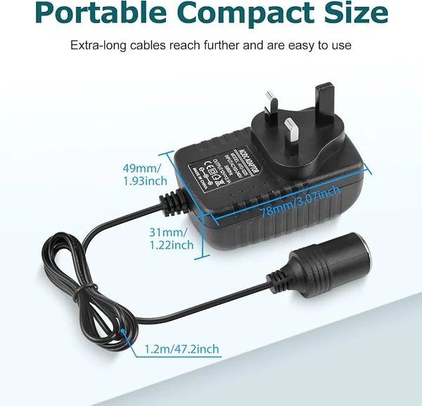 DC 12V Cigarette Lighter Power Supply Adapter 30W, AC 100–240V Input Converter Transformer with UK Plug - for Car Accessories, Pumps, Coolers and LED Lights