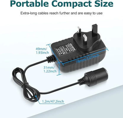 DC 12V Cigarette Lighter Power Supply Adapter 30W, AC 100–240V Input Converter Transformer with UK Plug - for Car Accessories, Pumps, Coolers and LED Lights