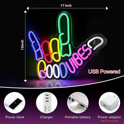 LightingWill "Good Vibes" Neon Sign – Dimmable LED Finger Light, USB Powered Wall Decor for Game Rooms, Bars, Weddings & More