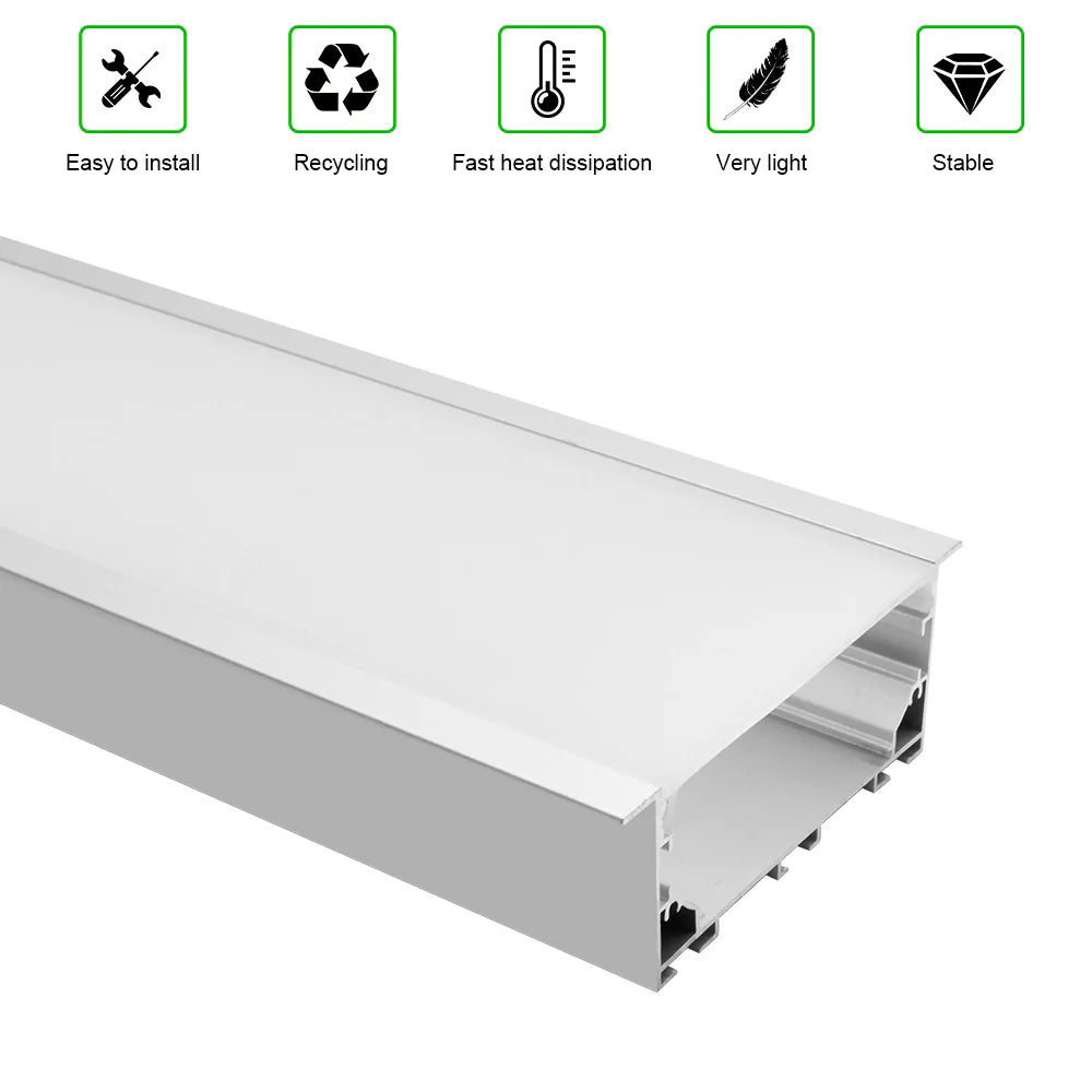 Wide Recessed LED Aluminum Profile Light H7635AB – 53mm Inner Width | Silver Housing | Milky White Cover | With Installation Accessories | Flush Mounting Linear Office Lighting | 1m / 2m Length | 10 / 20-Pack
