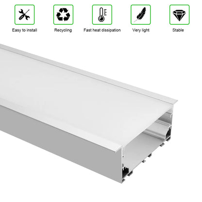 Wide Recessed LED Aluminum Profile Light H7635AB – 53mm Inner Width | Silver Housing | Milky White Cover | With Installation Accessories | Flush Mounting Linear Office Lighting | 1m / 2m Length | 10 / 20-Pack